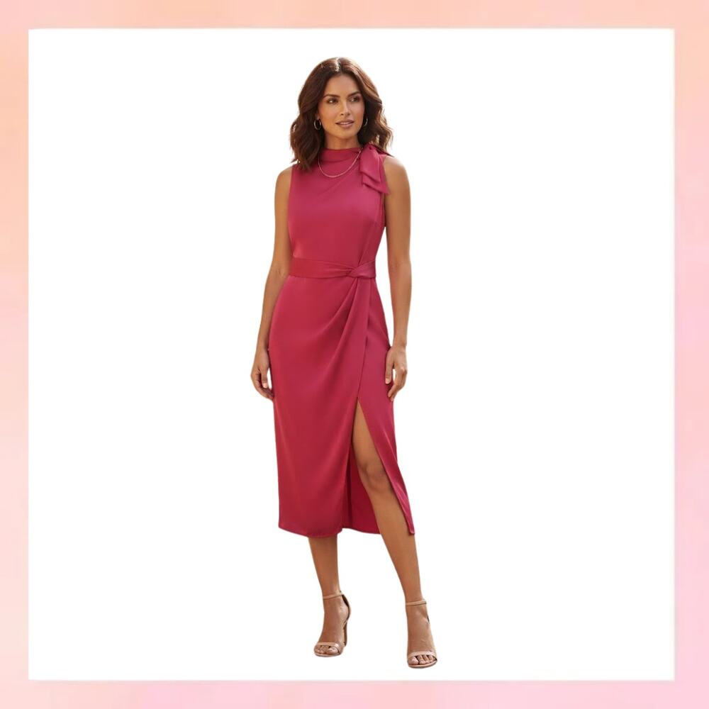 Banana Republic Magenta Pink Mock Neck Knot Tie Midi Dress Petite 0